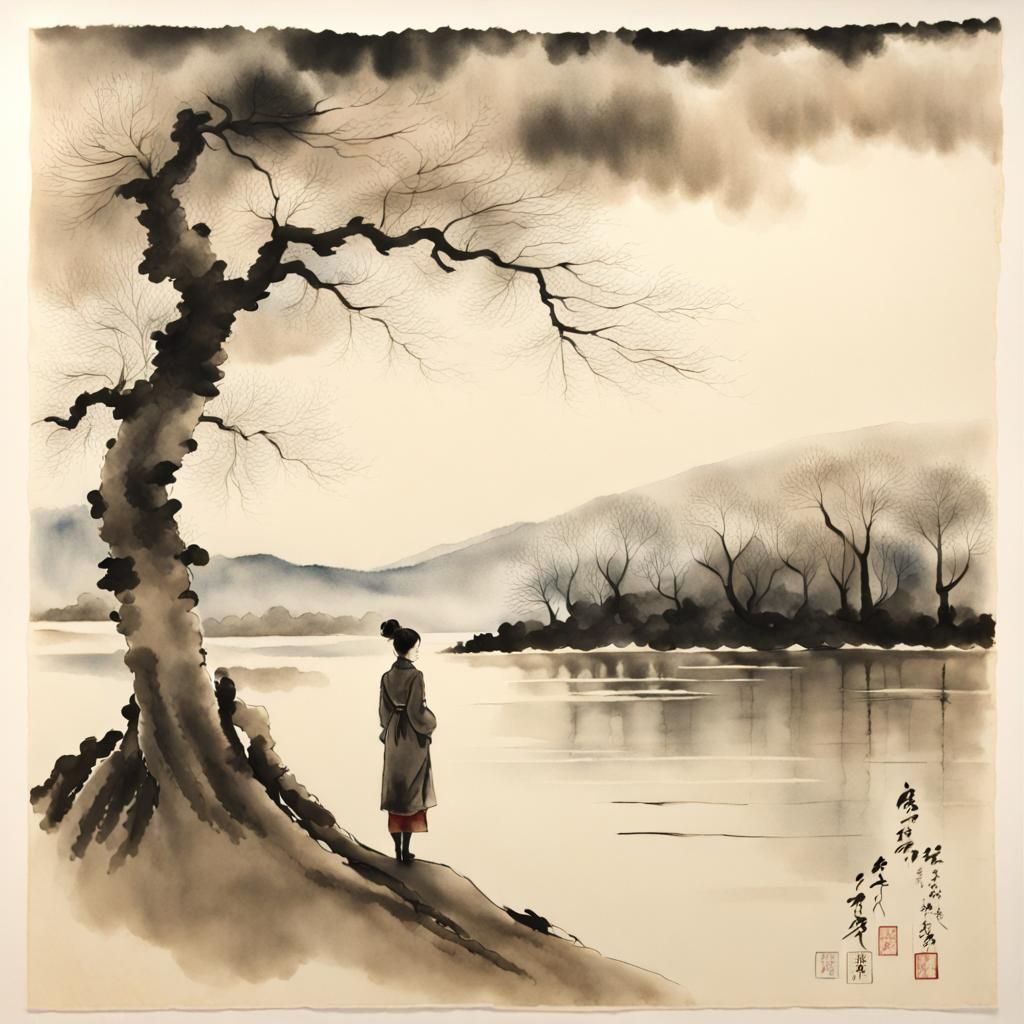 Full-length portrait of a woman at the base of a leafless tree in front of a lake. The expansive sky and clouds occupy almost all the space.