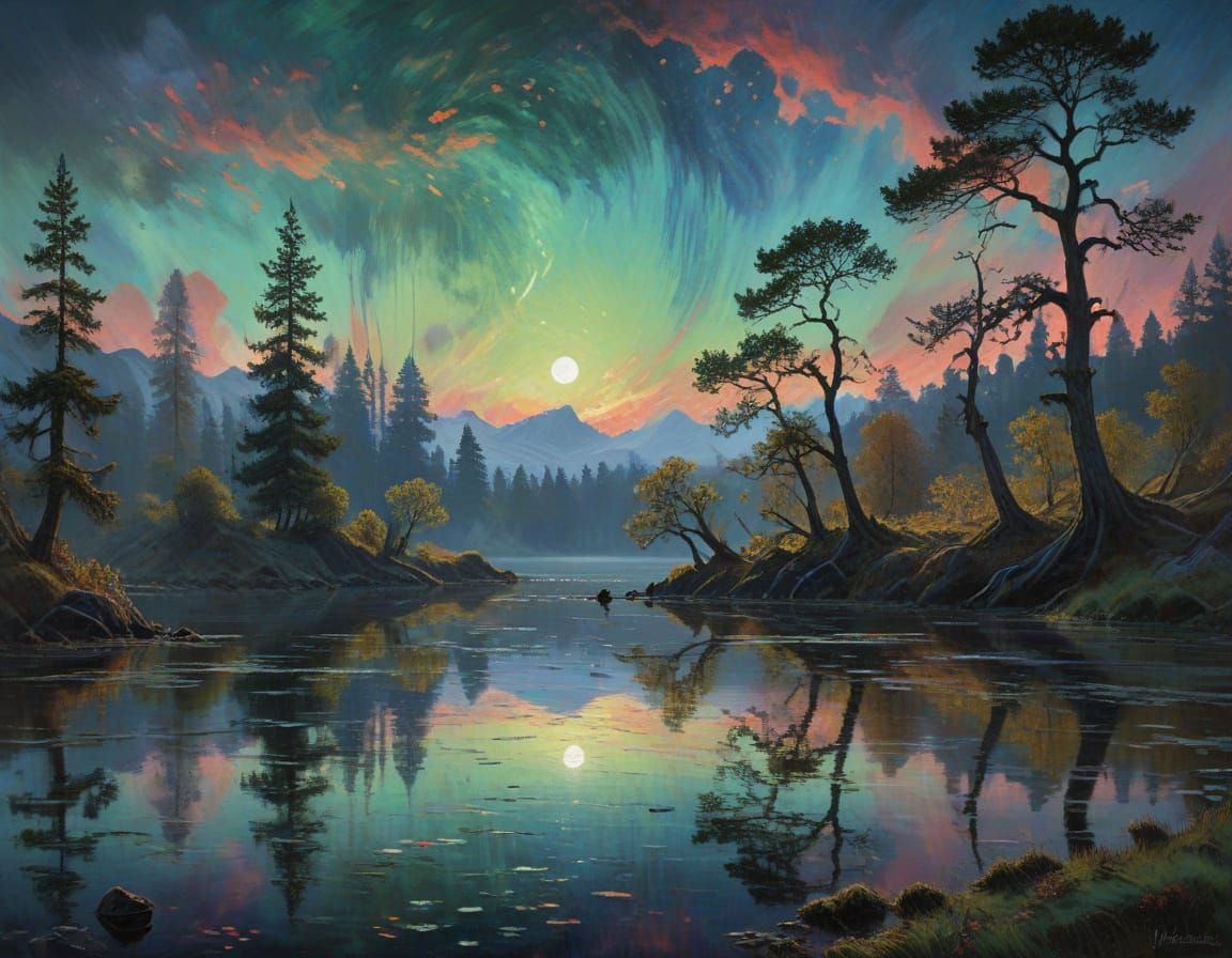 A serene landscape featuring a tranquil lake reflecting a sky filled with swirling aurora borealis  by @undefined