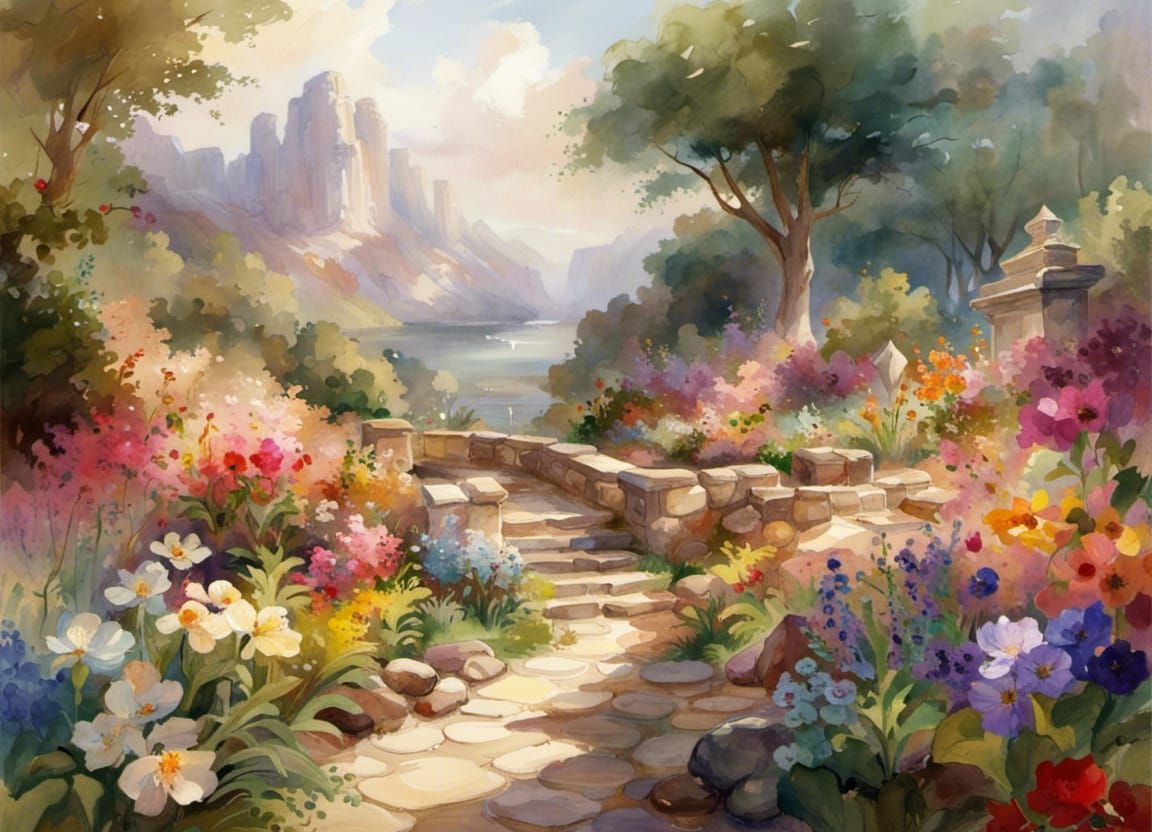A beautiful flower garden in the middle of an idyllic paradise  by @weresl0th
