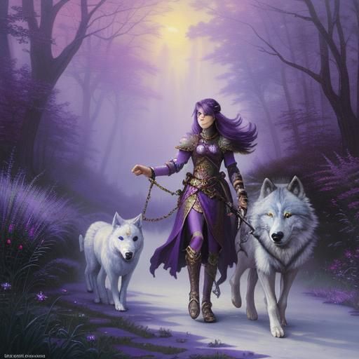 purple hair warrior women with wolf pet