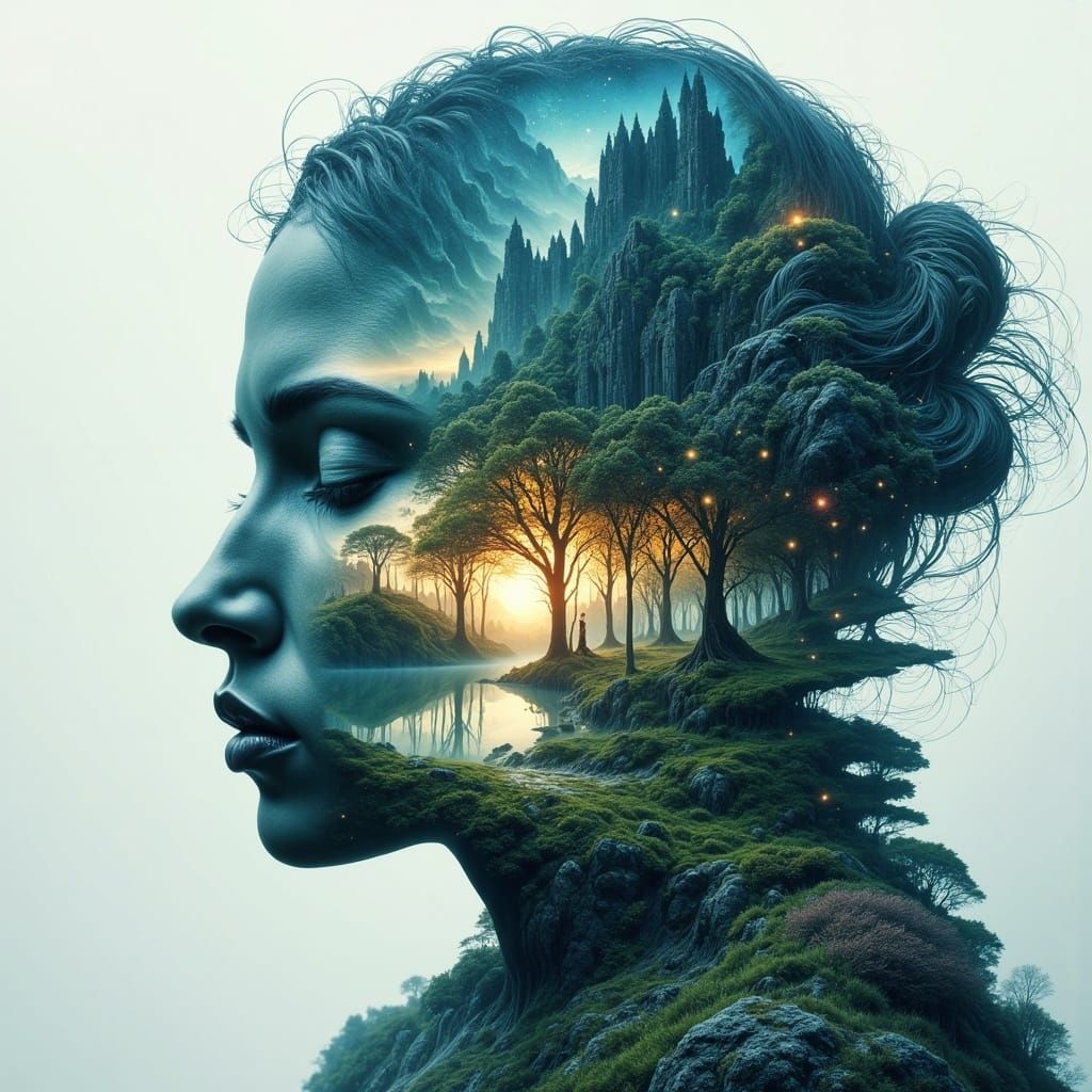 Double Exposure: Beautiful Woman in Surreal Landscape