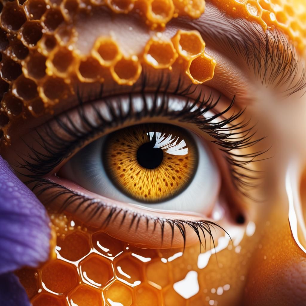 Honeycomb Eye with Honey Tear: Hyperrealistic Concept Art