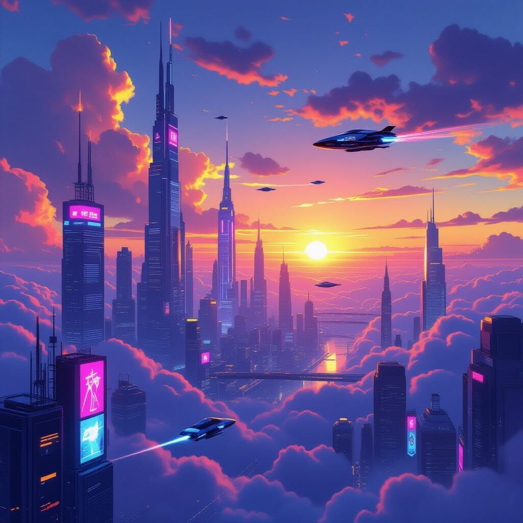 Futuristic Sunrise Over Neon Cityscape with Flying Cars