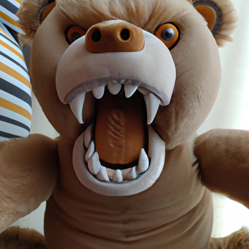 Photo of a screaming teddy bear with an overly elongated mou...