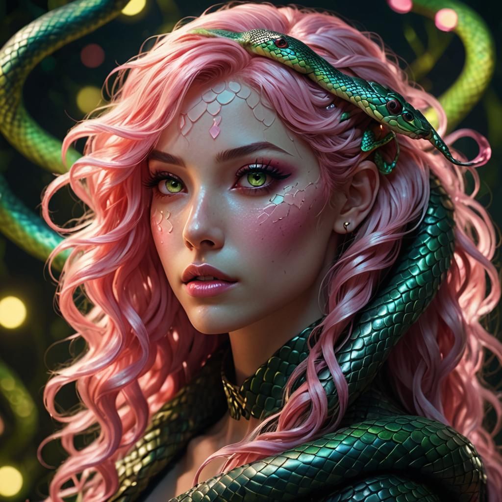 Girl that is part snake and long curly pink hair and long pointy tongue.