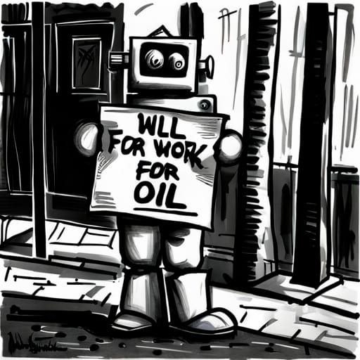 Homeless robot holding sign saying will work for oil on street corner monochromatic hypermodernism charcoal ...  by @Crazy fish