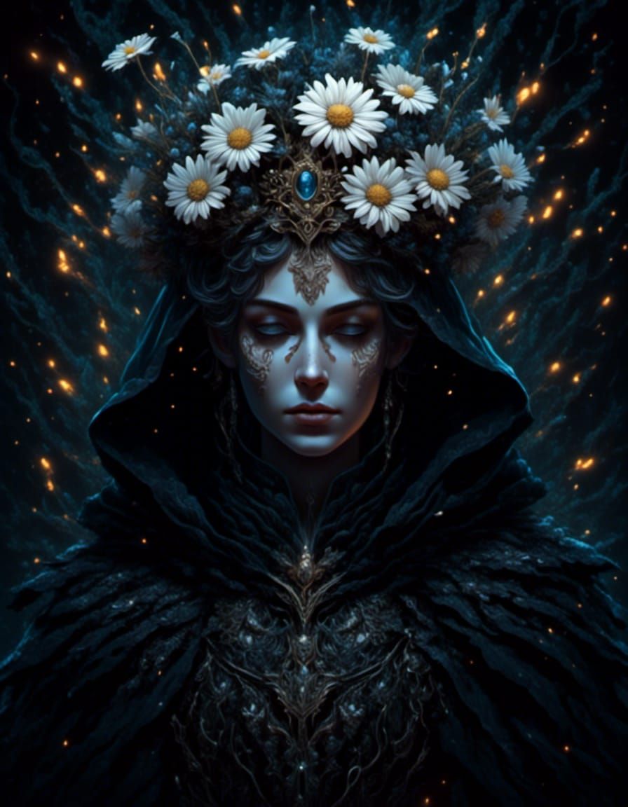 Dark Figure with Daisy Crown in Ethereal Fantasy Art
