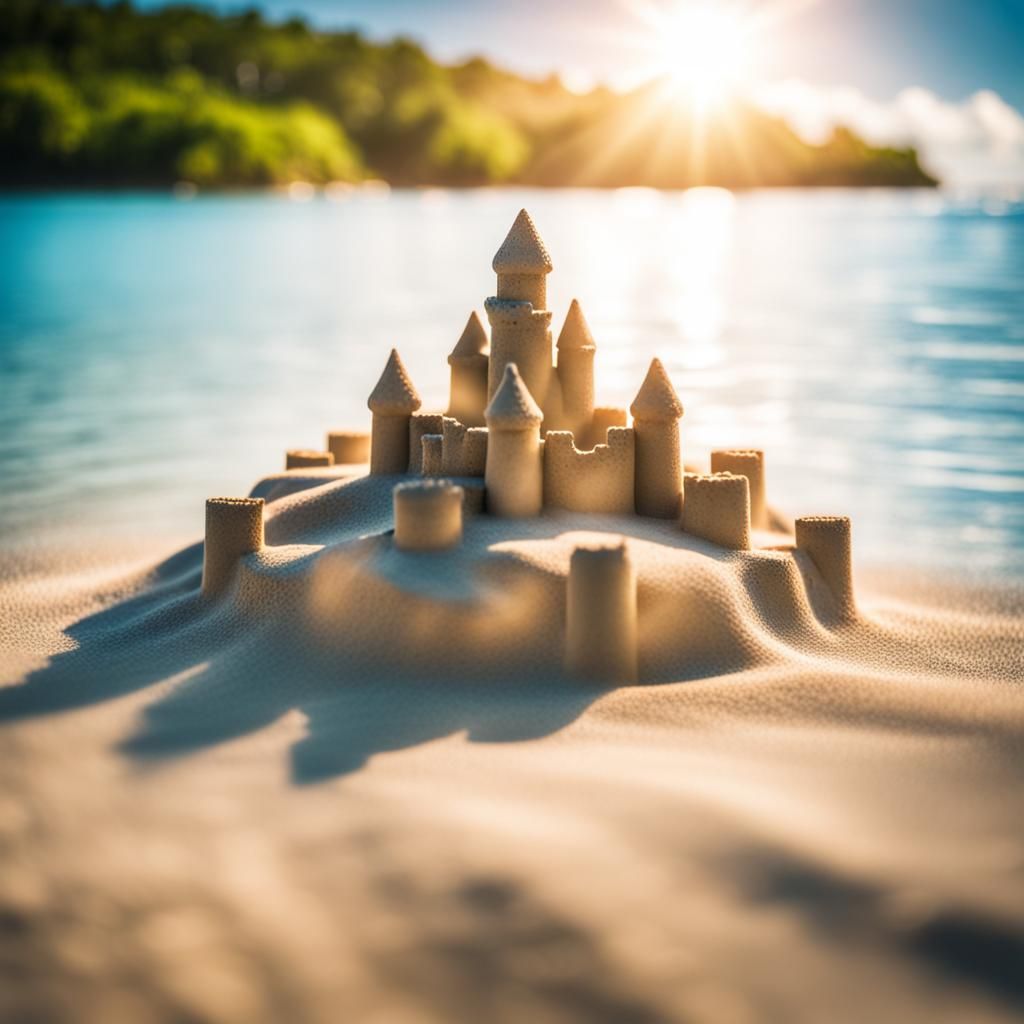Small sand castle on a island surrounded by clear blue water