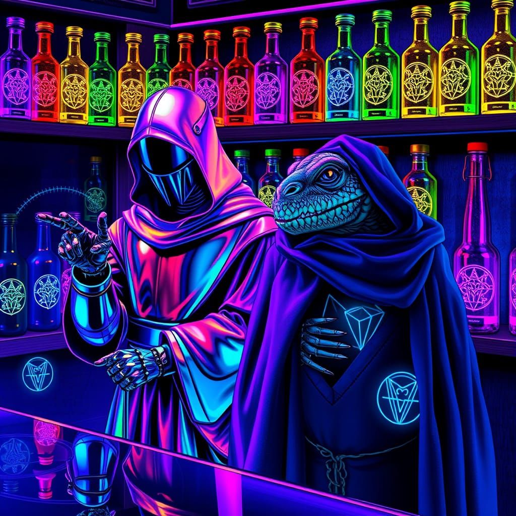 Fluorescent Robot Monk in Holographic Market