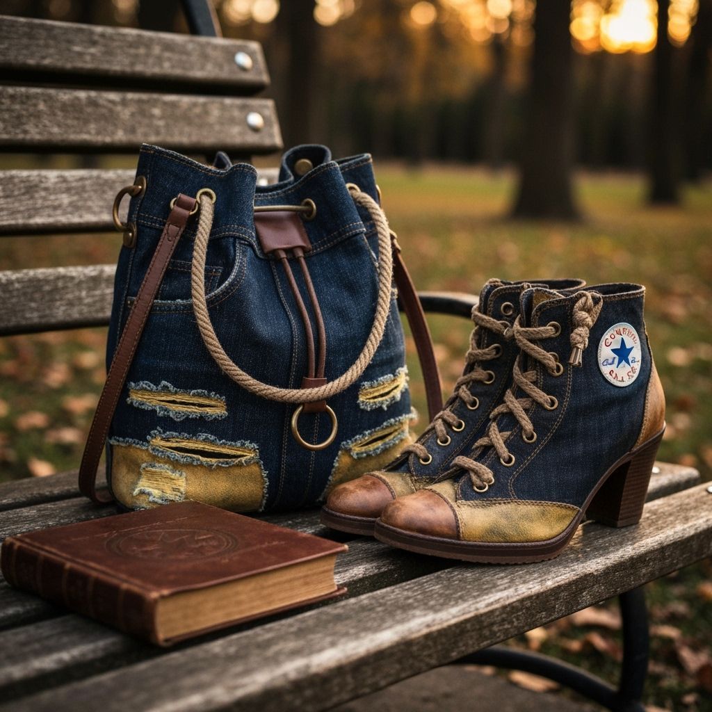  A trendy big bucket bag with brass rings and matching heeled ankle boots, both made of distressed dark-blue denim, torn, faded yellowed bur...