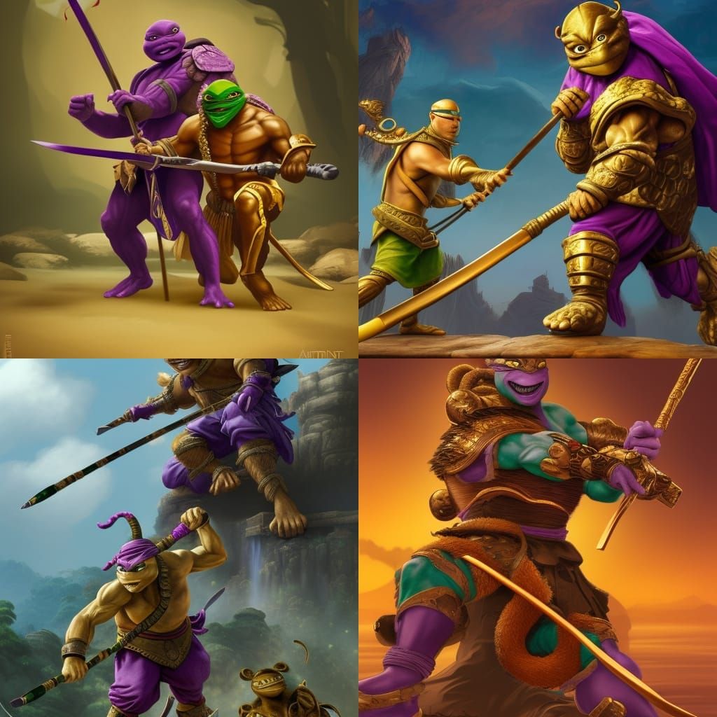 Donatello from the ninja turtles sparring with the monkey ki...