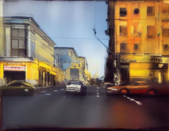 a painting of a building on a city street, by adrian ghenie,...