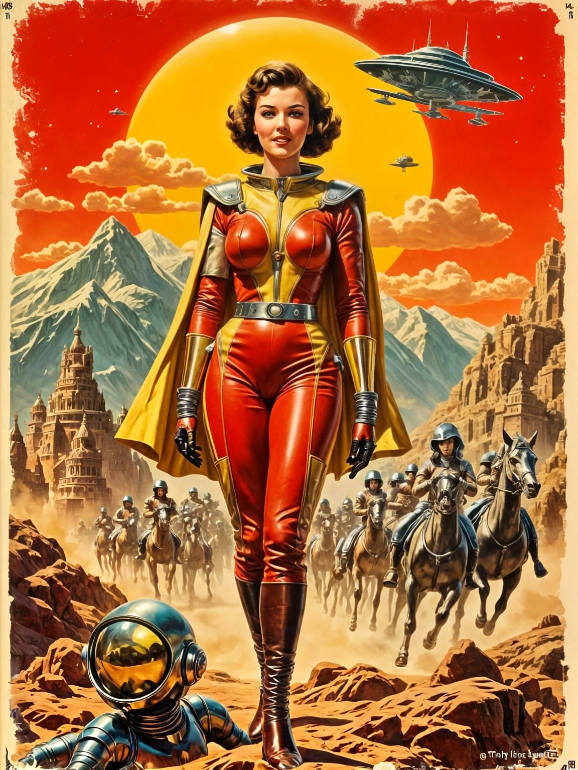 A vintage comic book cover illustration of a heroic queen leading her troops in an epic battle against ...  by @Valmont