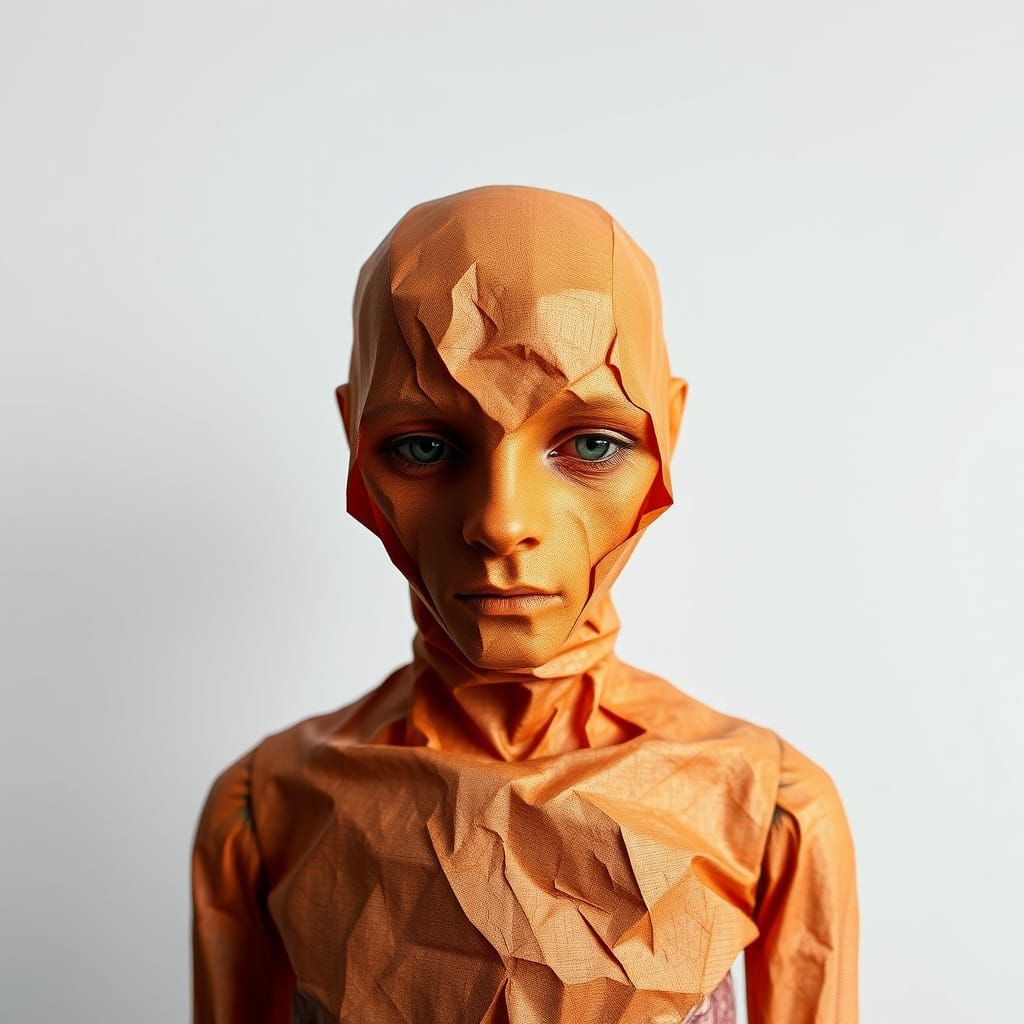 Melancholic Figure in Orange-Hued Banknote Form