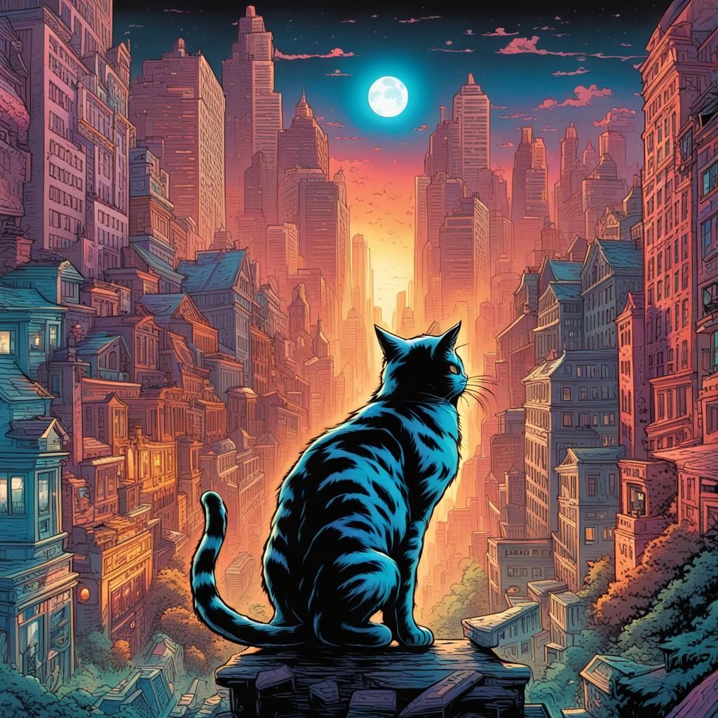 Giant cat destroying city, psychedelic, colourful, trippy. - AI ...