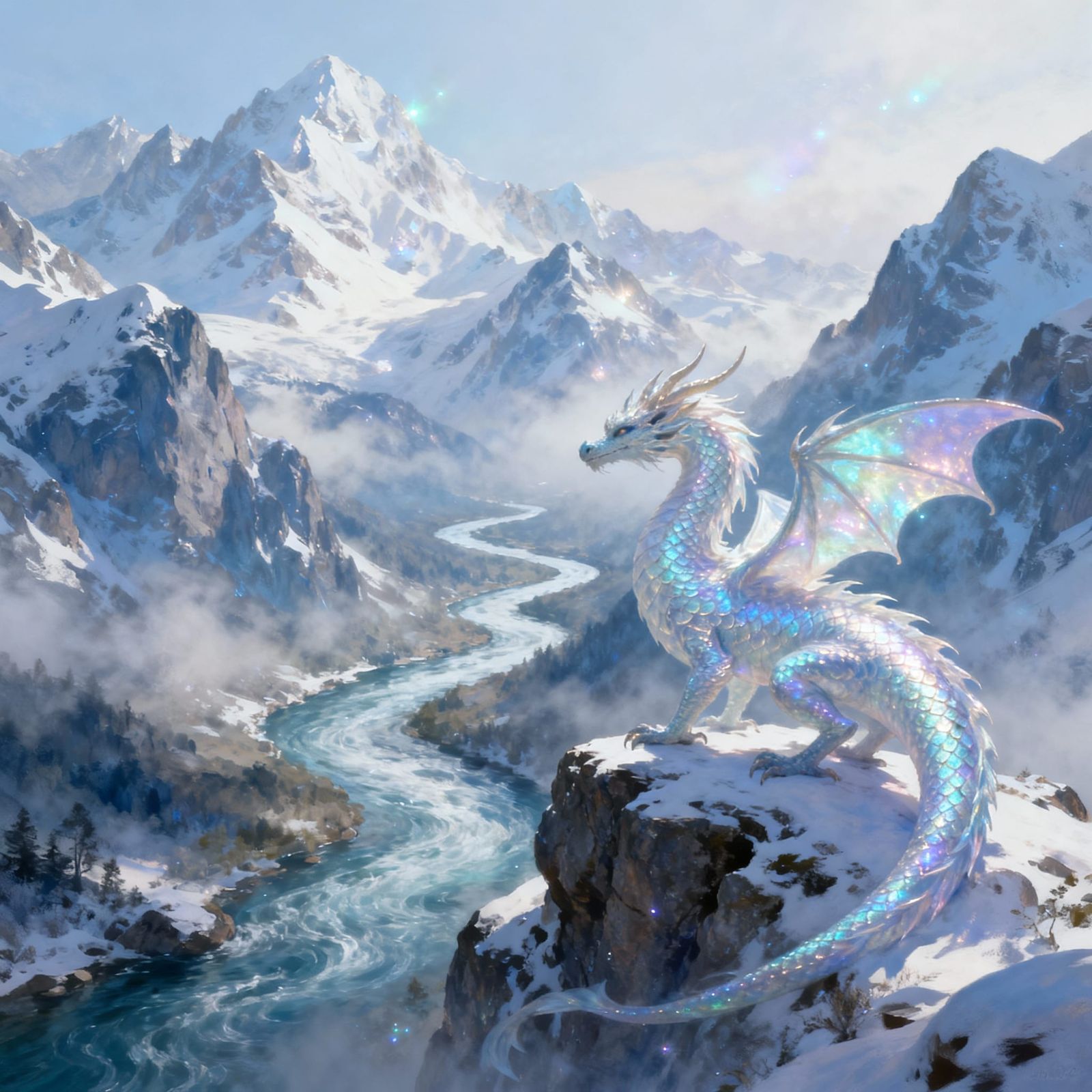 Mystical Dragon Overlooking Snowy Mountain River