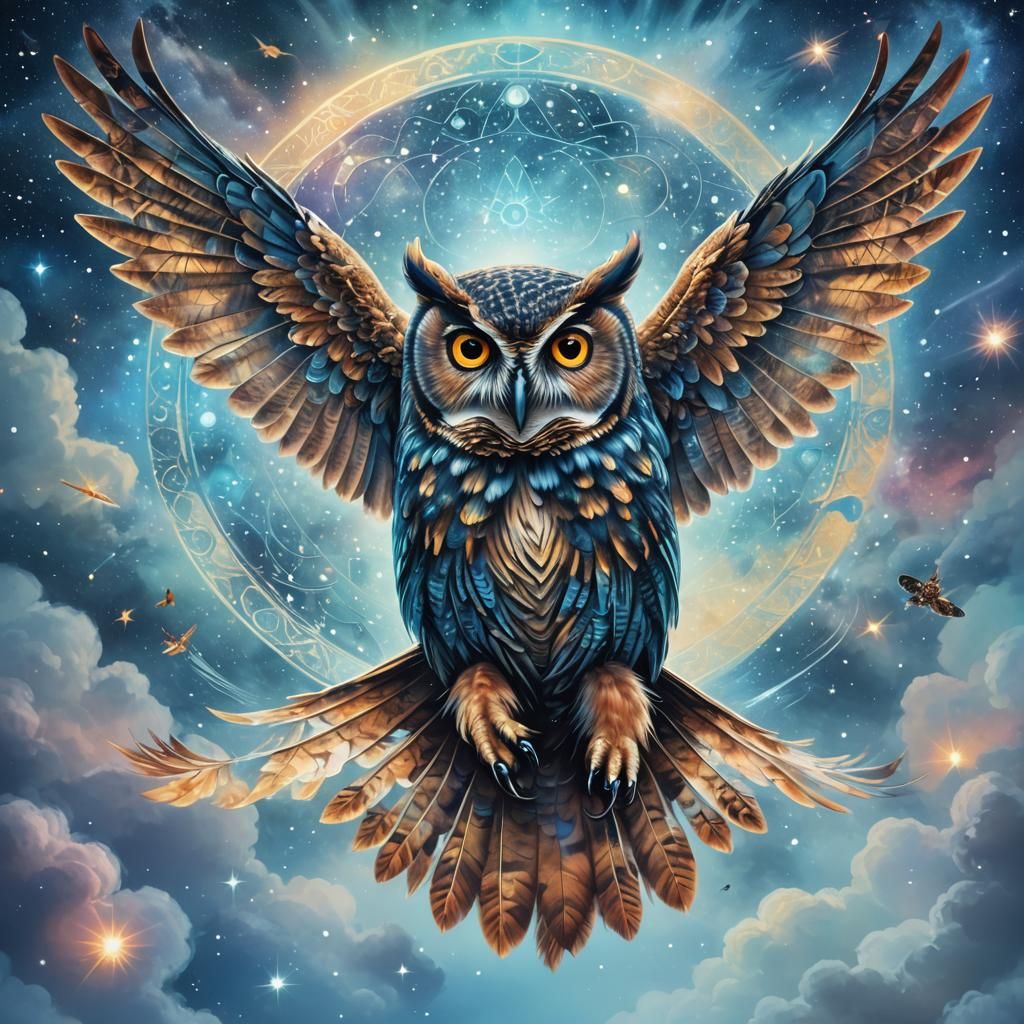 Owl fly in misty blue sky
