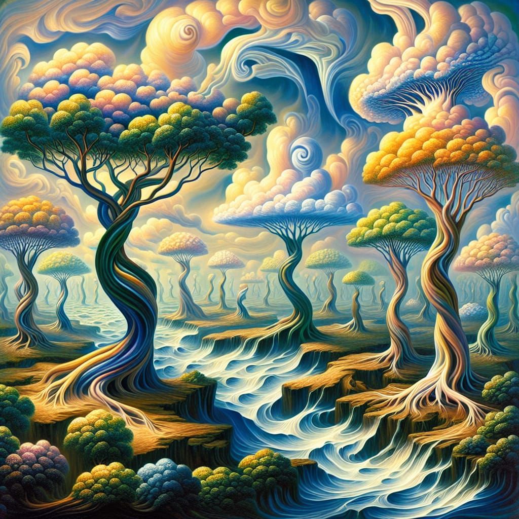 In this realm, rivers flow upwards, defying gravity as they cascade into the heavens, forming clouds that rain back down in reverse. Trees g...