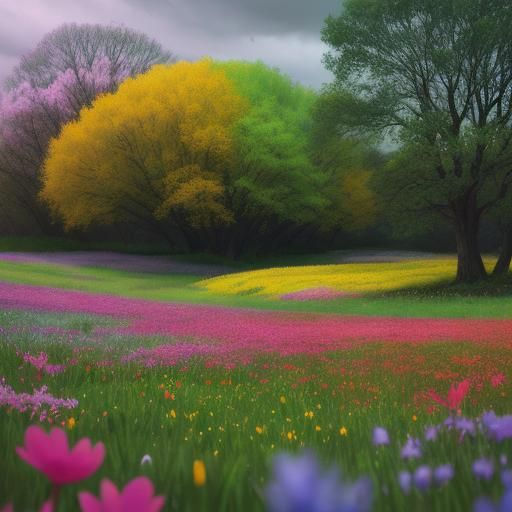 Spring meadow, lot of trees and spring flowers,vibrant color...