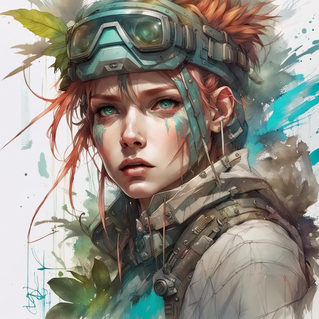 Photorealistic anime sketch of a Aetherpunk jungle explorer; ultra ...