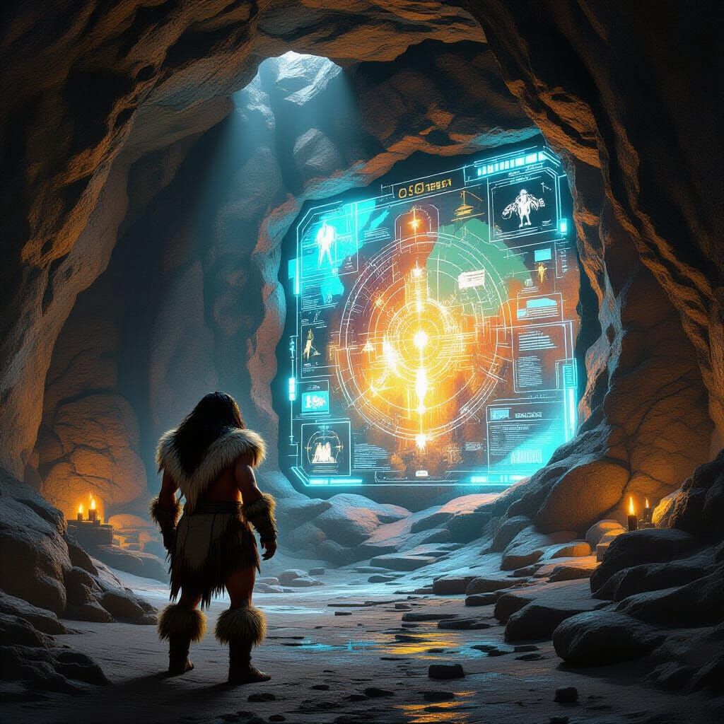 Caveman and Futuristic Interface in a Prehistoric Cave