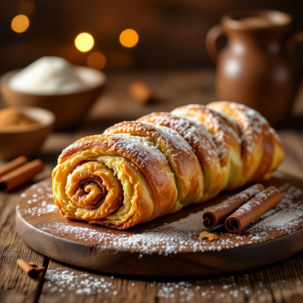 Golden Cinnamon Chimney Cake on Rustic Table