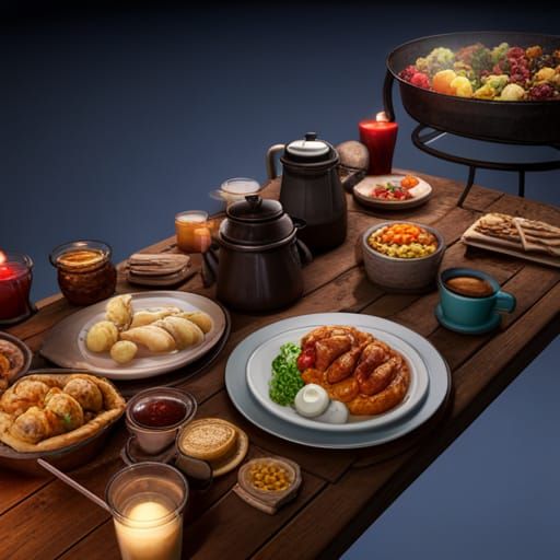 Table with food and chicken on it and colorful coffee