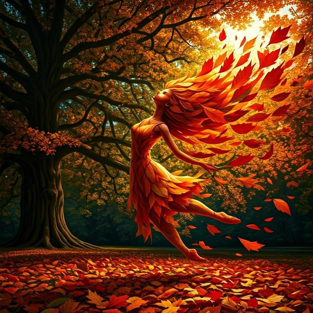 Image of a Autumn leaves blowing in the wind. Leaves soar into the air beneath an ancient oak. Intricate detail of the individual leaves fo...