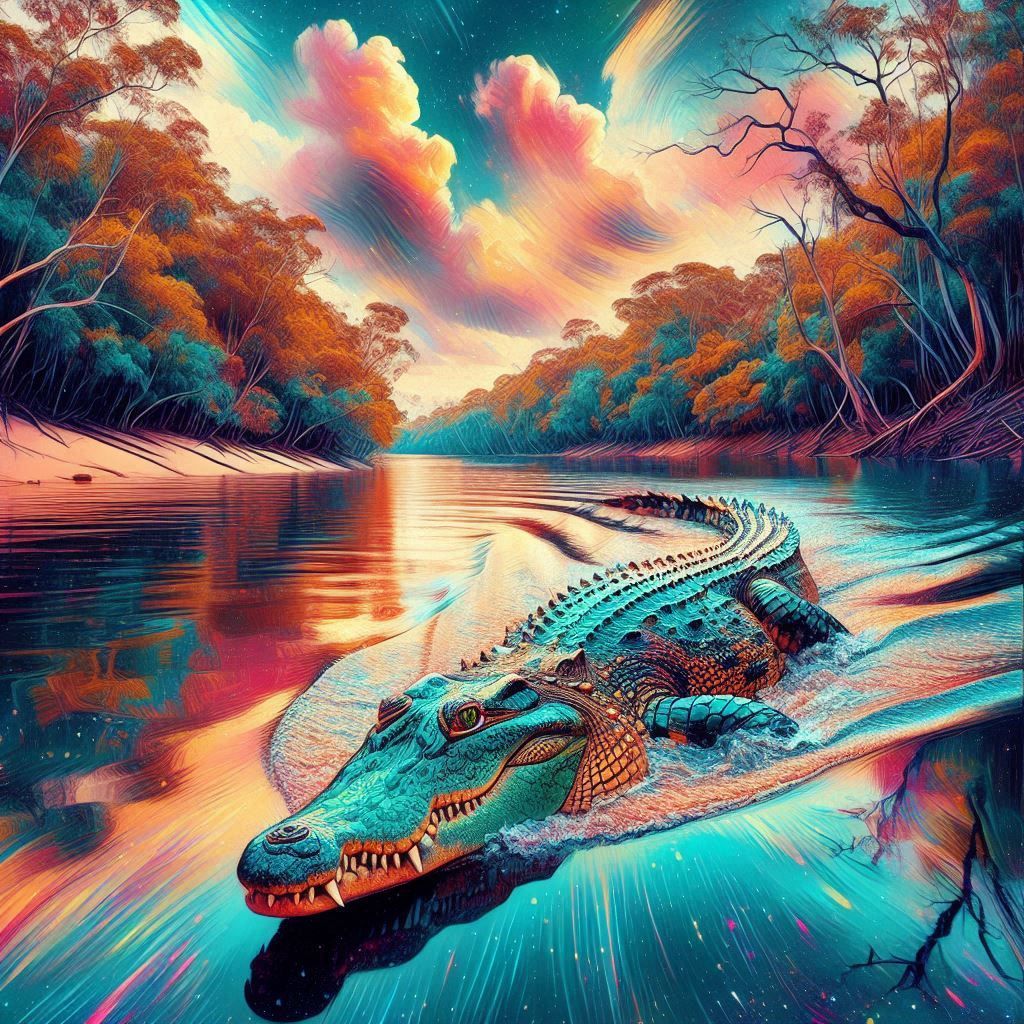 A saltwater crocodile swims in the Prosperpine River in a colorful digital art piece.