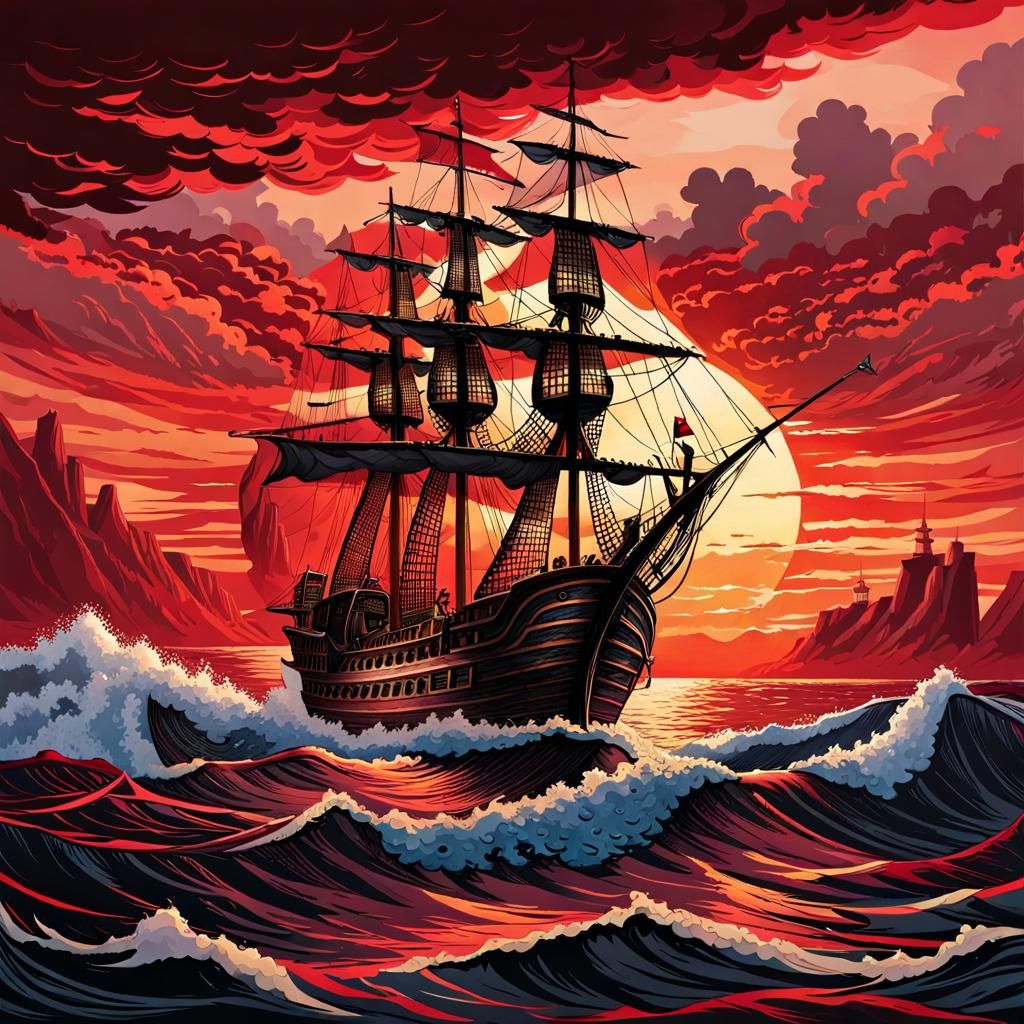 intricately detailed pirate ship, beautiful sailing ship, pi...
