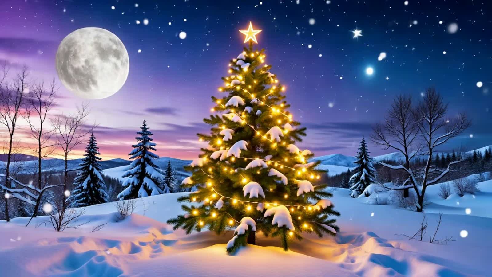 Majestic Christmas tree glowing with warm golden lights, standing alone on a snowy hill under a vast starry night sky. S...