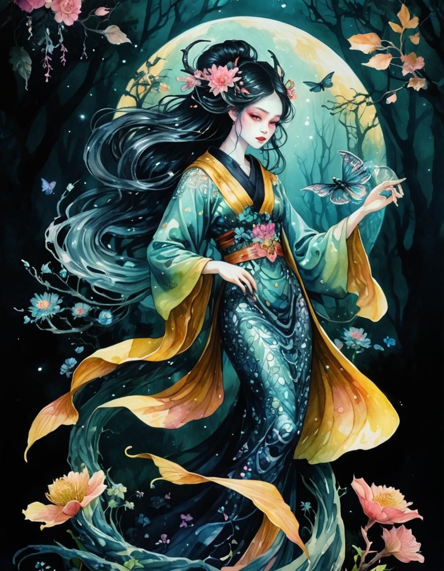 creepy cute anime fantasy art of (a beautiful female demonic...