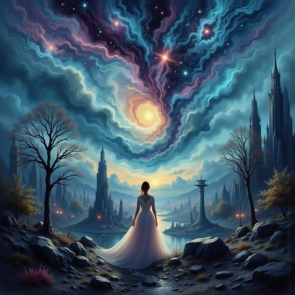 Surreal Cityscape At Twilight With Nebula Figure