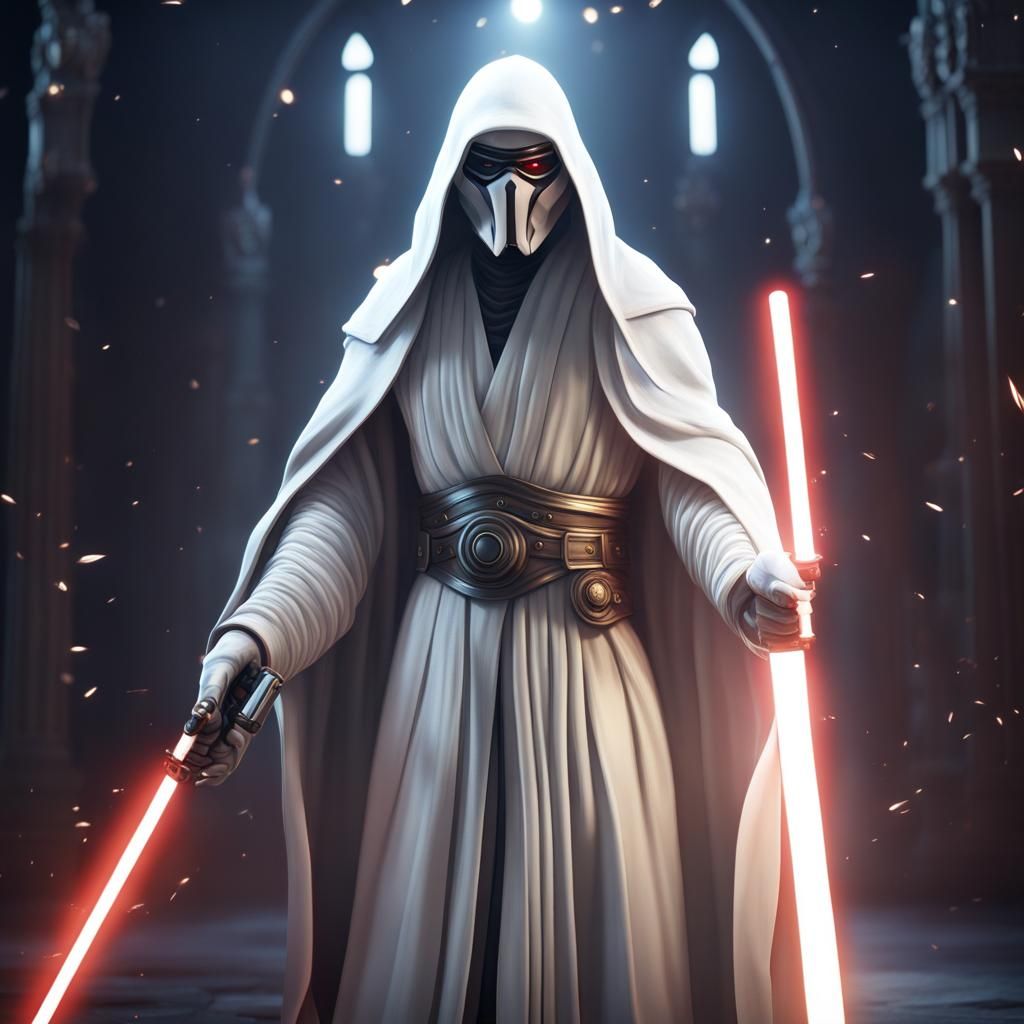 White Cloaked figure holding a star and white lightsaber - AI Generated ...