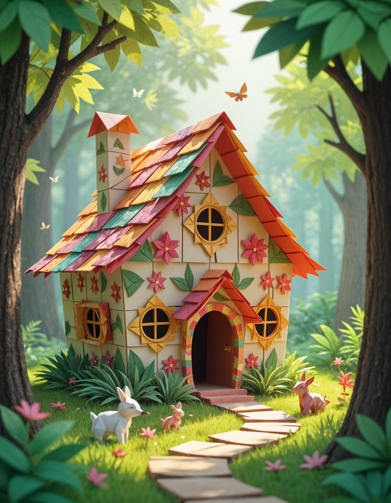 Paper tree house in the forest made entirely of colored origami papers with paper animals. The structure is made and decorated with origami ...