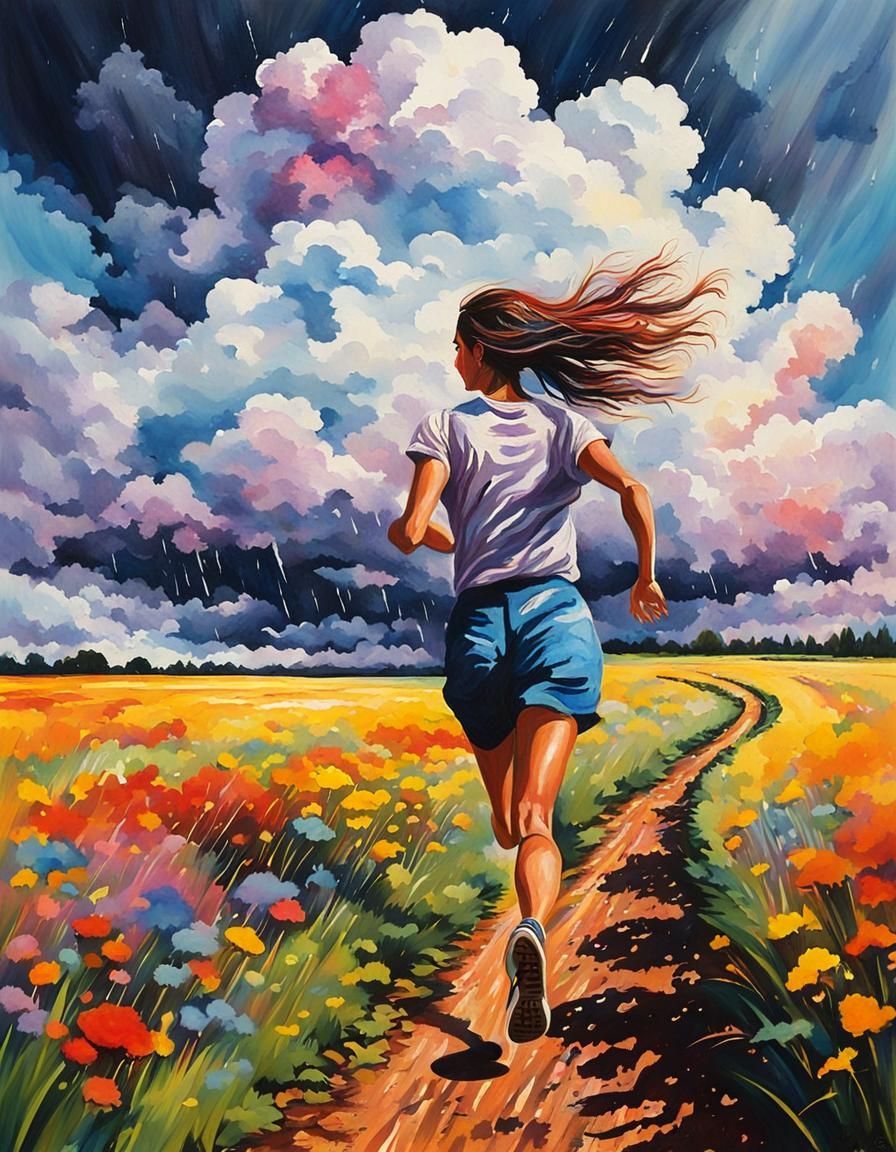 A girl running in a field with colorful rainclouds