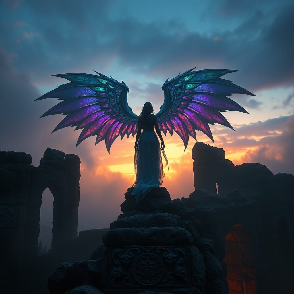 Ethereal Maiden Amidst Celestial Ruins