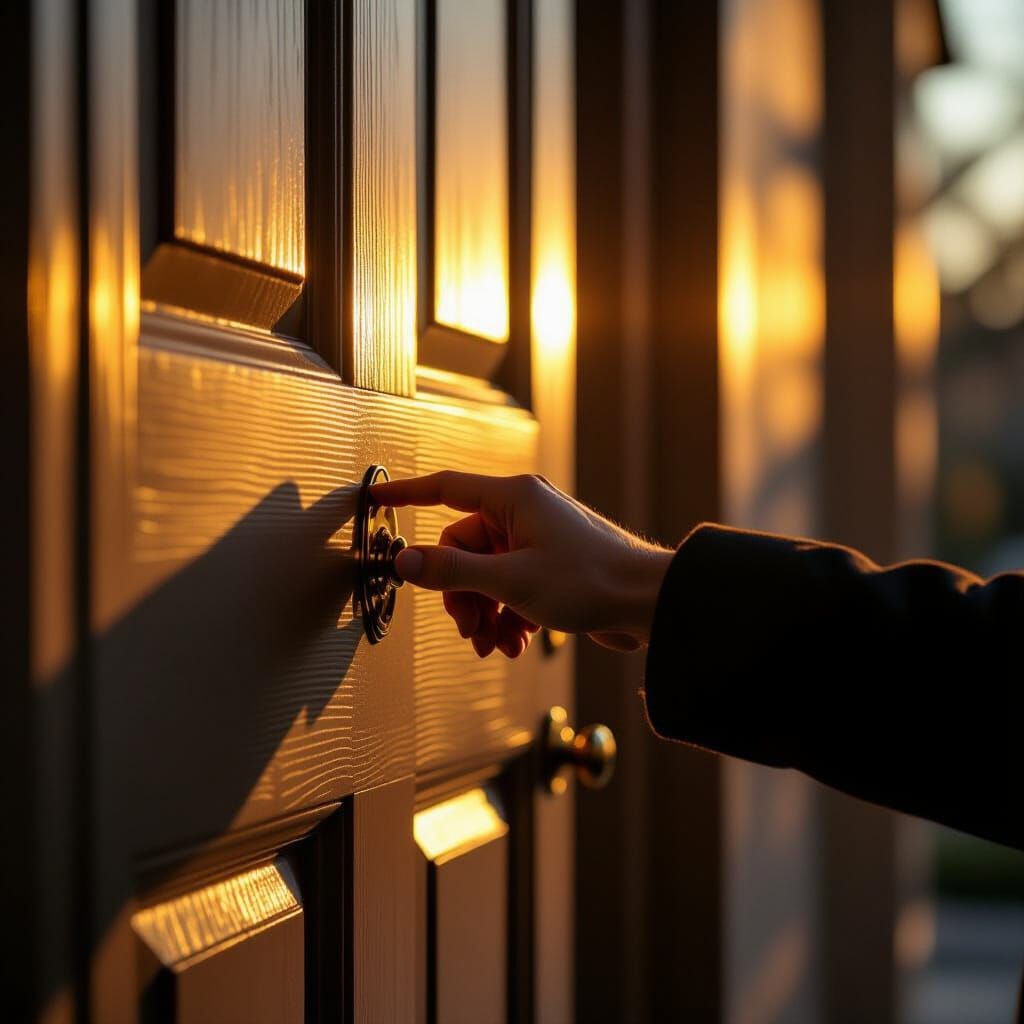 Knocking Door Symbolizing New Beginnings in Golden Hour Ligh...