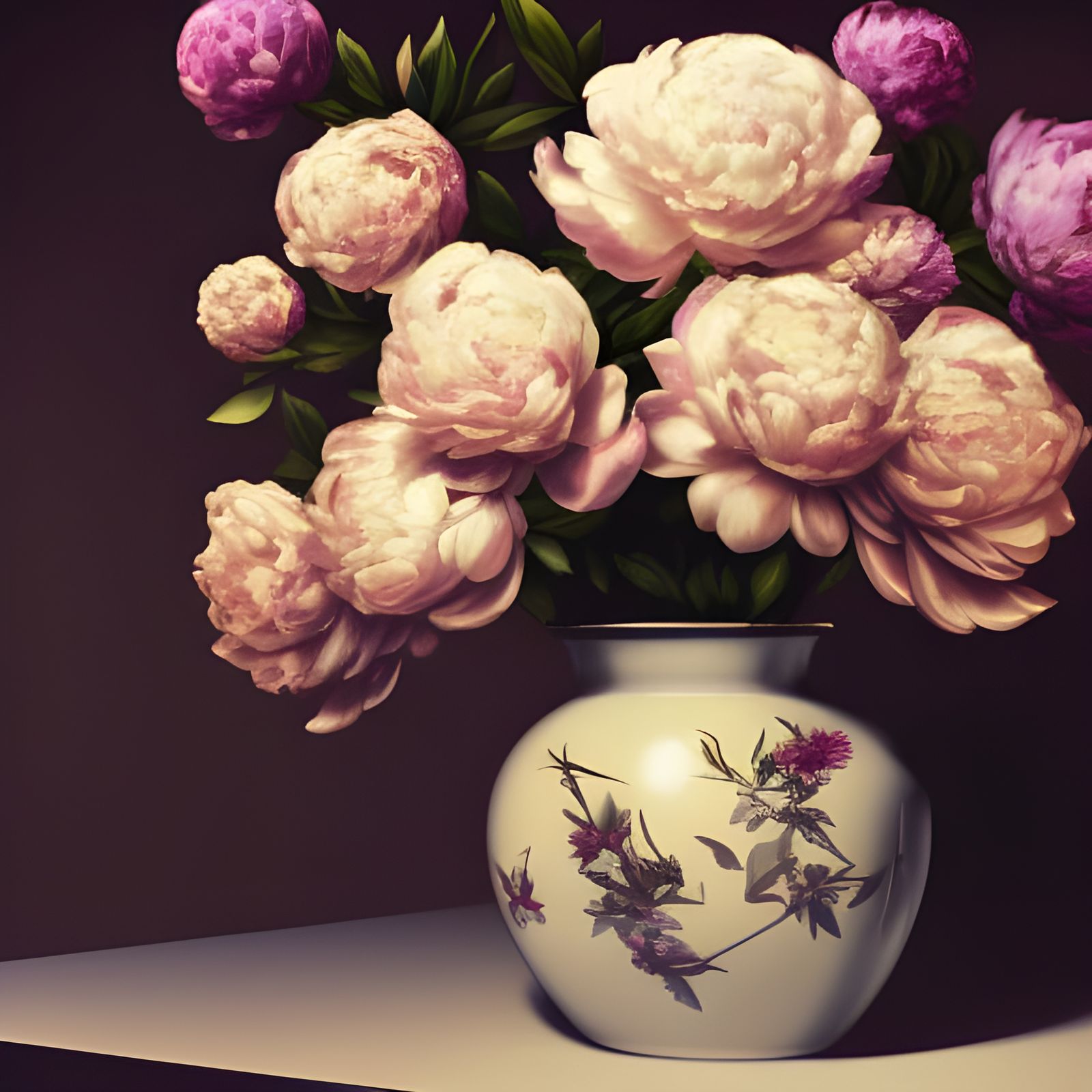 peonies in a decorated vase on the table  by @Mila K