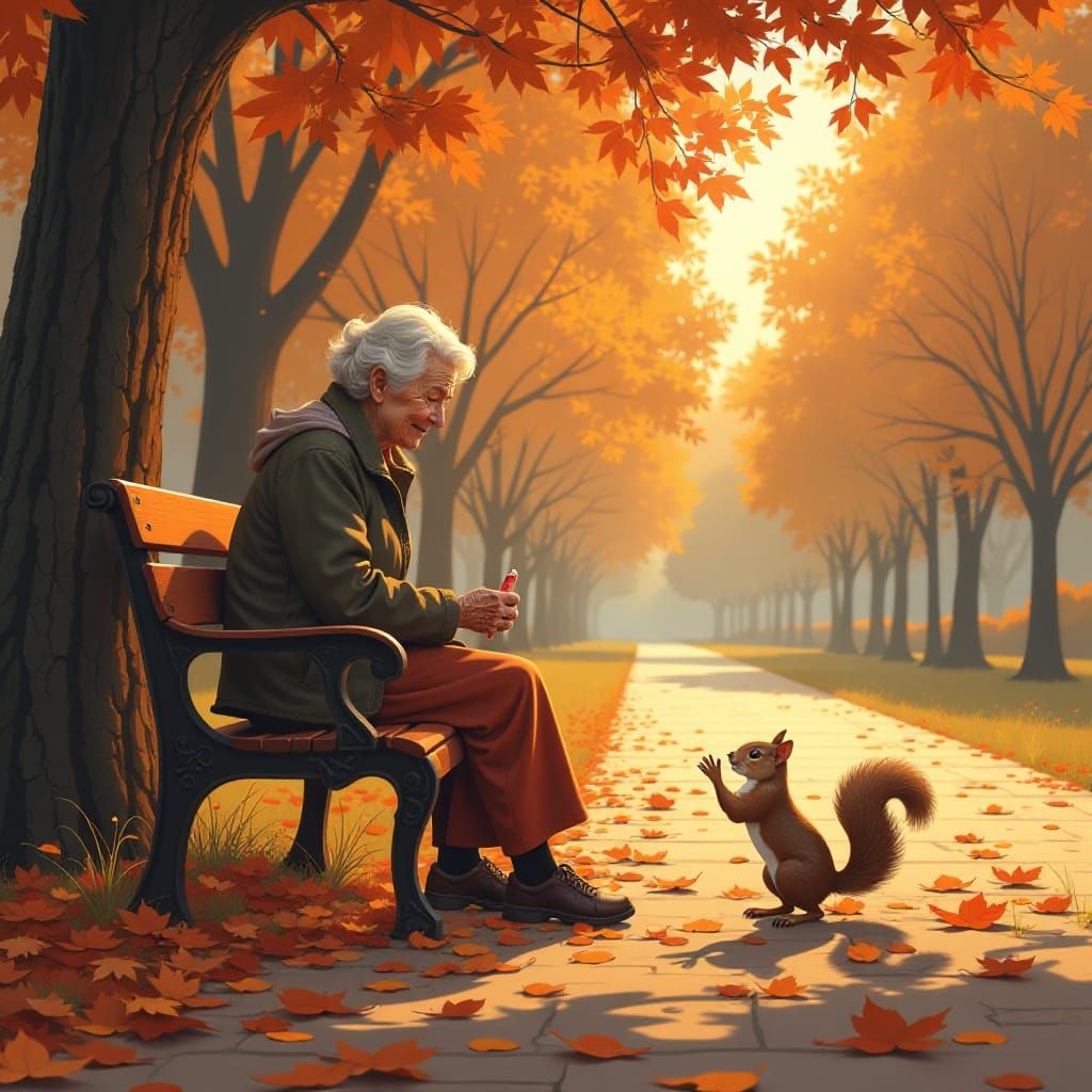 an elderly woman sitting on a park bench, feeding a curious ...