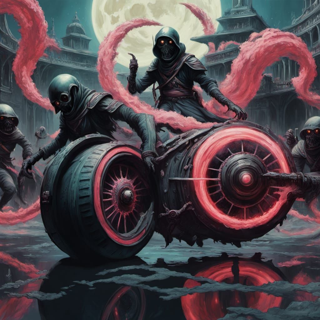 An ancient, obsidian oyster shell, cracked open to reveal a luminous, pulsating pearl, floats in the void of deep space. Tendrils of dark, e...