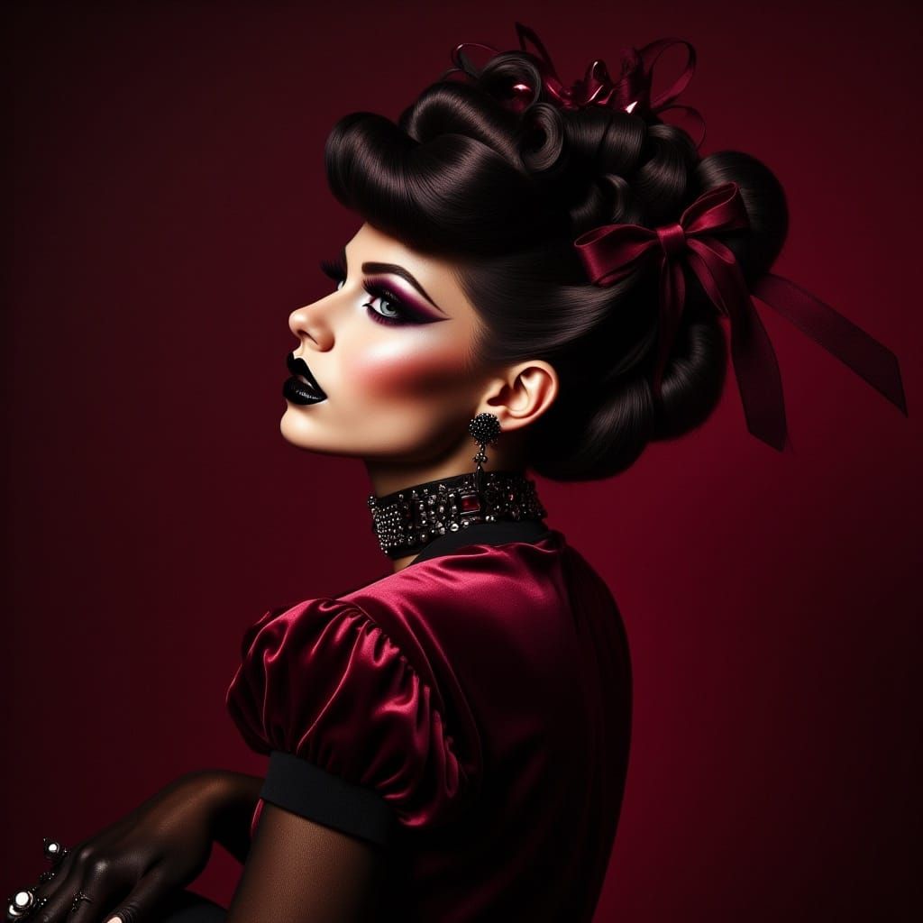  <lora:Midnight Retro V2:1.0> portrait, 1950’s gothpunk woman in burgundy, dynamic lighting 