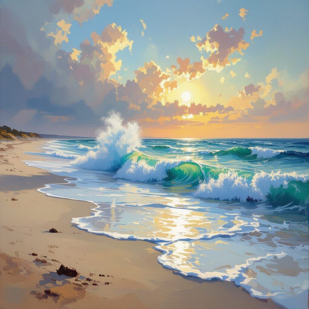 Crashing Blue Waves on Deserted Beach, Surreal Art