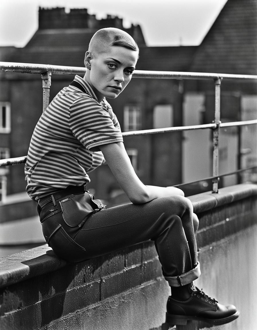 a skinhead woman sitting on a railing, a portrait, by Julia ...