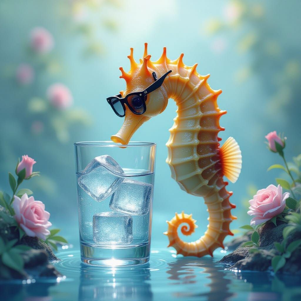 Seahorse Sipping Drink in Ethereal Fantasy Setting