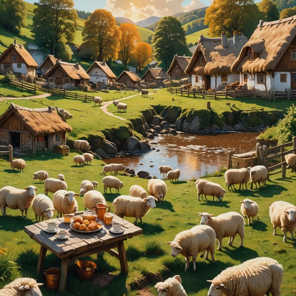 Idyllic Village Scene with Sheep, Fantasy Concept Art