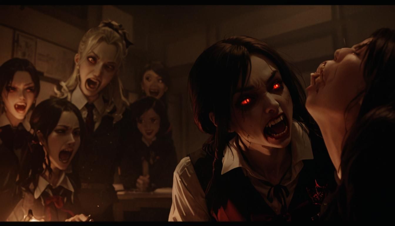 Vampire high-school girls hissing at you with sharp fangs an...