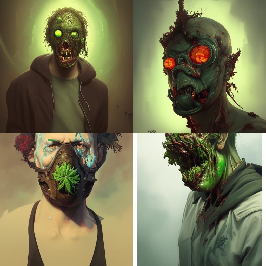 Zombie wearing gask mask, marijuana head and shoulders portr...