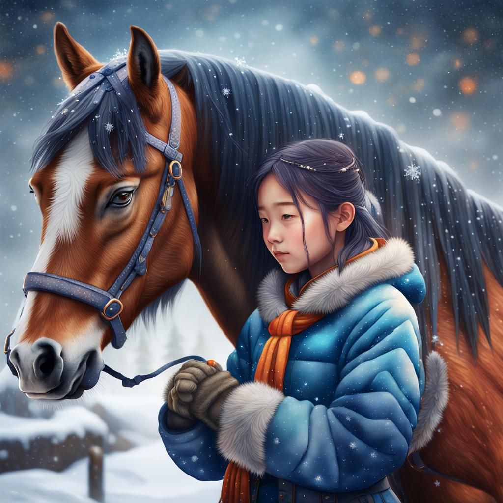 Girl and Mongolian Horse in Winter Wonderland