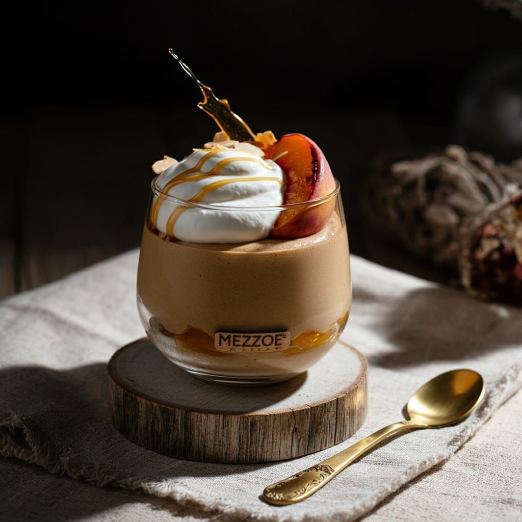 Extreme close-up of a delicate coffee mousse, adorned with torched caramelized peaches and shaved almonds, in a wide-brimmed, translucent gl...